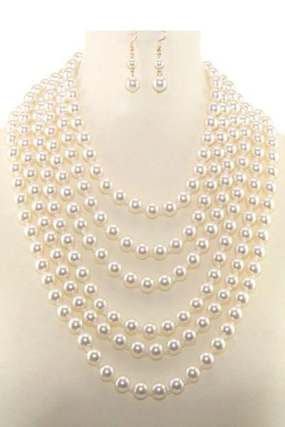 Multi-Layered Pearl Necklace Set With Ear Drop Pearl Hook Earrings
