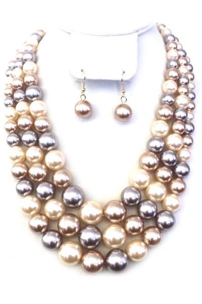 Three Layered Pearl Necklace Set with Earrings