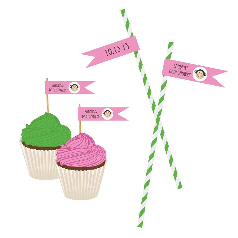 Pink Monkey Party Personalized Flag Labels