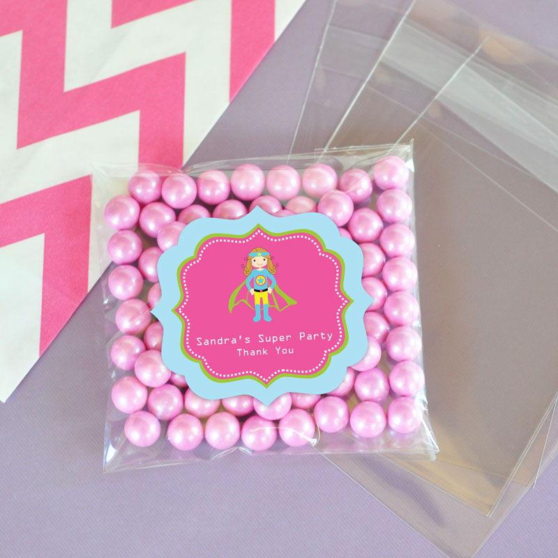 Personalized Super Hero Girl Birthday Clear Candy Bags (Set of 24)
