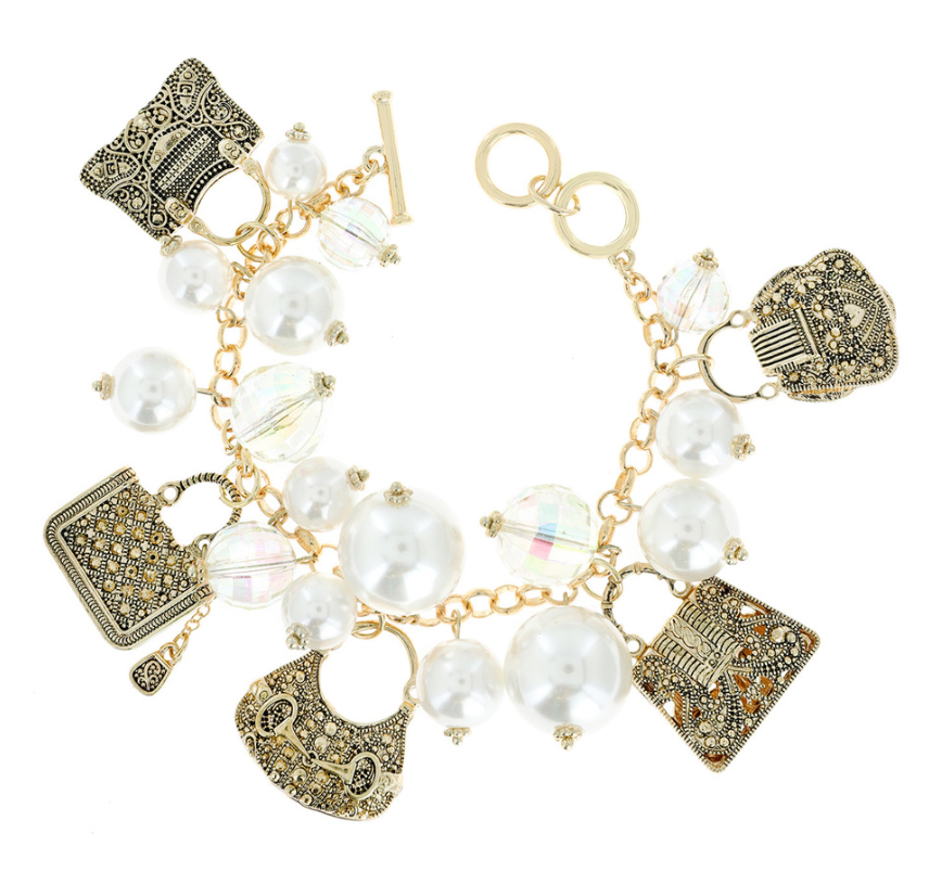 Handbag Multi-Charm Pearl Toggle Bracelet