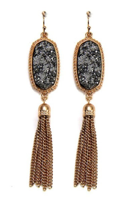 Stone Druzzy W/ Tassel Drop Metal Hook Earrings