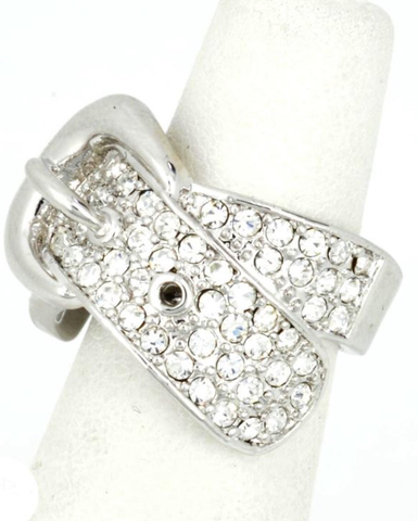 Silver Belt Buckle Ring with rhinestones