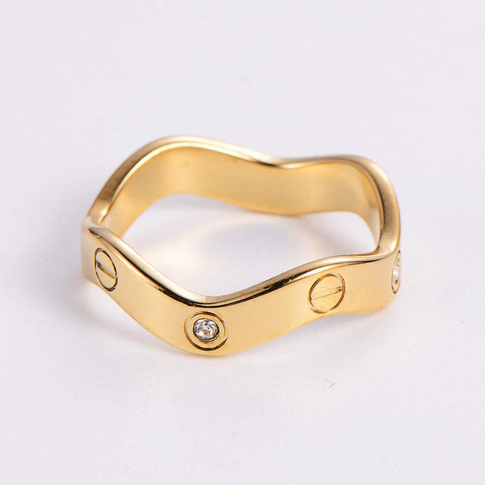 Stainless Steel Wavy Ring with Stones