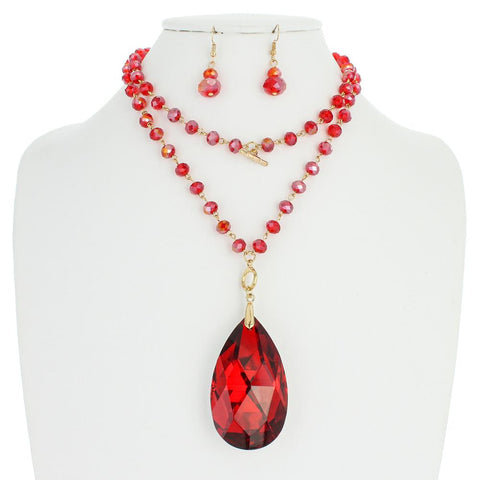2 Line Beaded Necklace W/ Lrg Rhinestone Teardrop