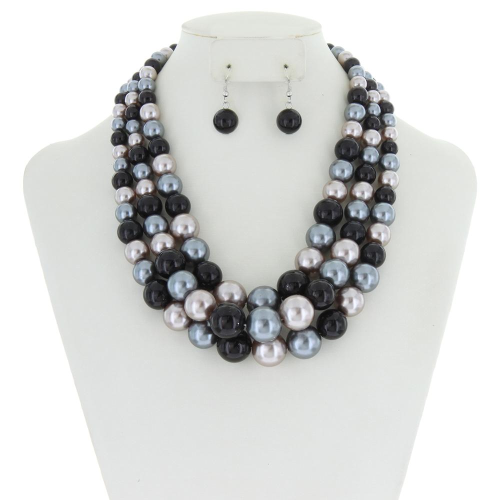 Black 3 Layer Pearl Strands Necklace 