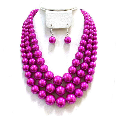 3 Layer Large Pearl Strands Extra Chunky Necklace And Earrings Set