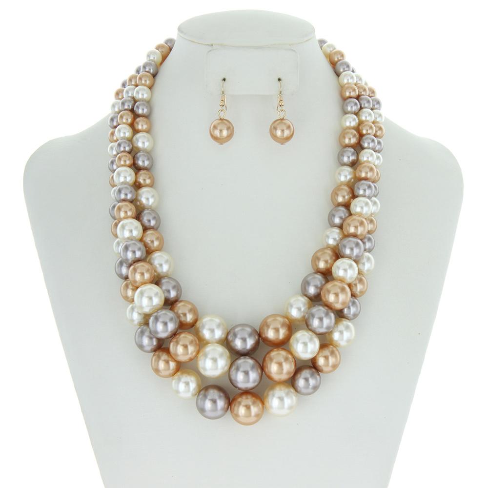 Cream 3 Layer Pearl Strands Necklace 
