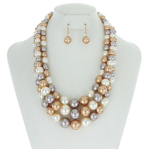 3 Layer Large Pearl Strands Extra Chunky Necklace And Earrings Set