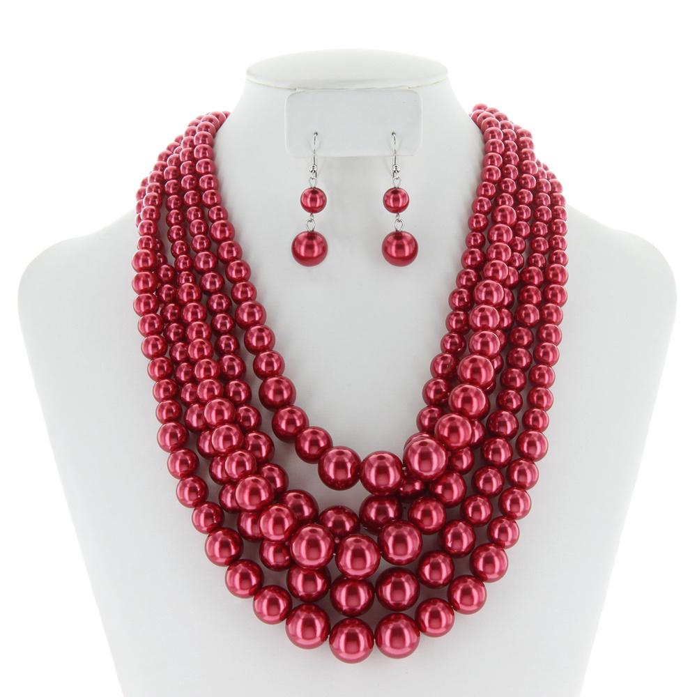 Red 5 Layer Large Pearl Necklace And Earrings