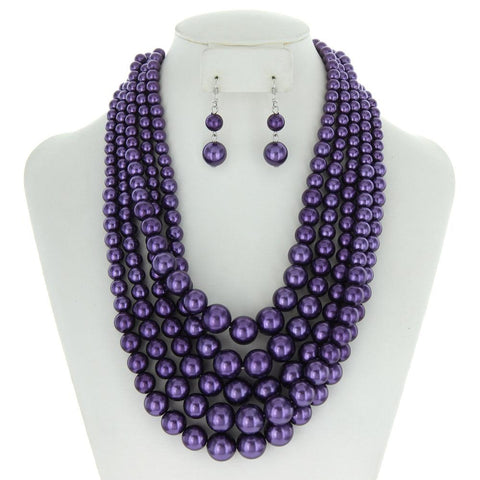 5 Layer Large Pearl Strands Extra Chunky Necklace And Earrings Set
