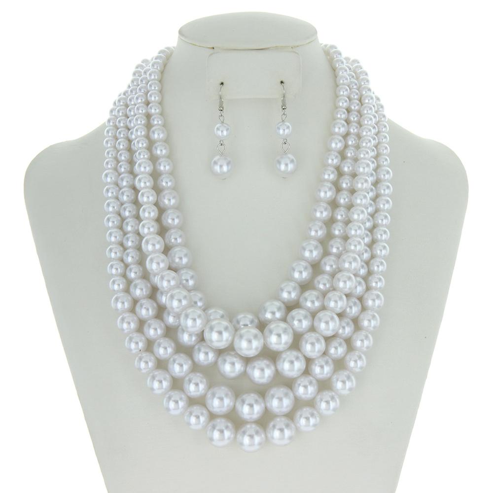 White 5 Layer Large Pearl Necklace And Earrings