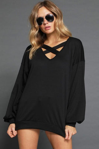 Tiffany French Terry V-Neck Top with Caged Neck and Puff Sleeves