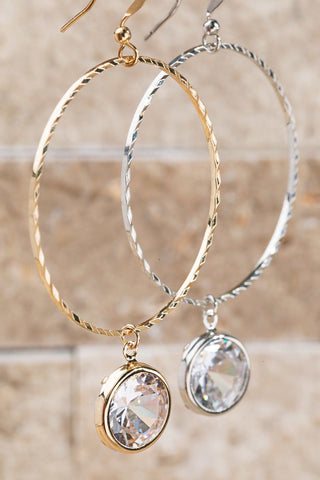 Amanda Textured Metal Earring with Shimmering Crystal Charm