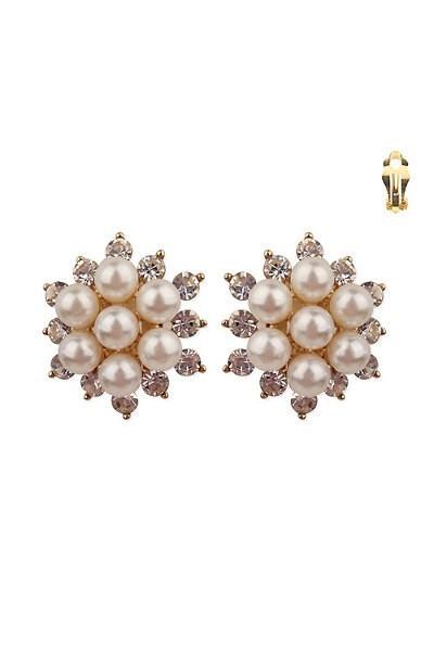 Pearl And Rhinestone Studded Floral Clip Earrings