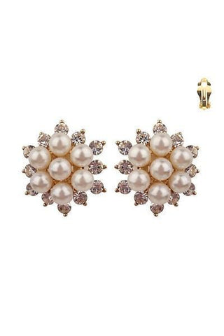 Pearl And Rhinestone Studded Floral Clip Earrings