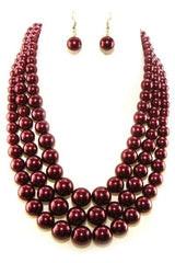 Three Layered Pearl Necklace Set With Ear Drop Pearl Hook Earrings