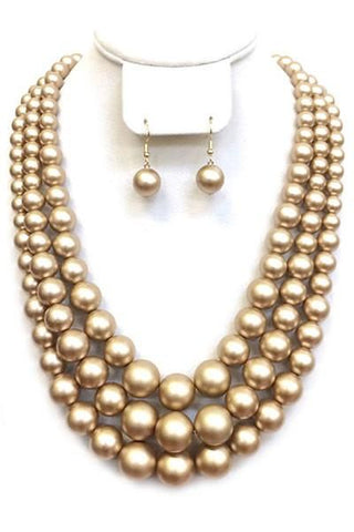 Three Layered Pearl Necklace Set With Ear Drop Pearl Hook Earrings