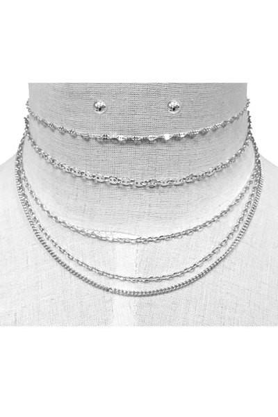 Multi Layered Chain Choker Necklace Set with Round Post Earrings