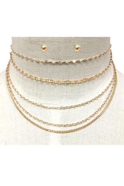 Multi Layered Chain Choker Necklace Set with Round Post Earrings