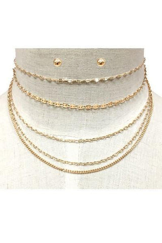 Multi Layered Chain Choker Necklace Set with Round Post Earrings