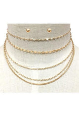 Multi Layered Chain Choker Necklace Set with Round Post Earrings