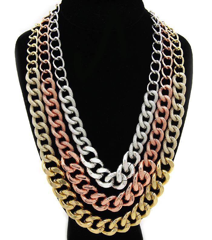 Silver Gold and Rose Gold Textured Layered Chain Necklace