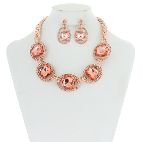 Chunky Oval Gem Link Necklace And Earrings Set