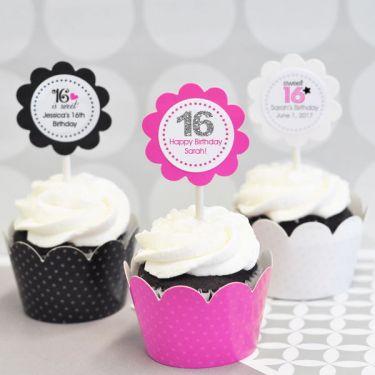 Personalized Sweet 16 or 15 Cupcake Wrappers & Cupcake Toppers (Set of 24)