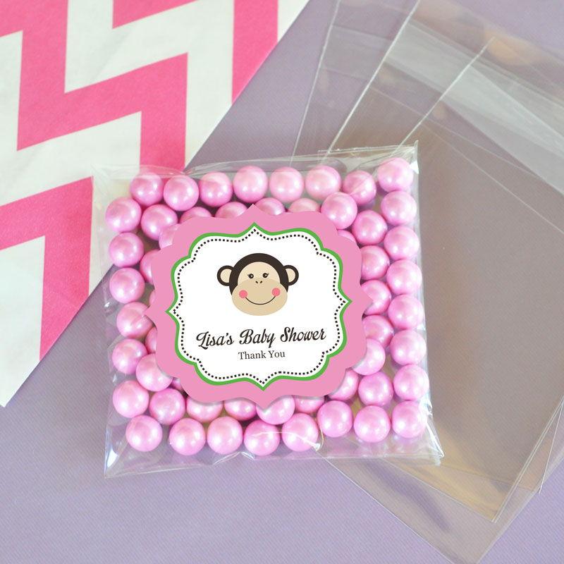 Personalized Pink Monkey Clear Candy Bags (Set of 24)