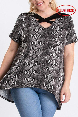 Plus Size Draped Hem Snakeskin Knit Top with Solid Cross Strap V Neckline