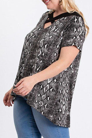 Plus Size Draped Hem Snakeskin Knit Top with Solid Cross Strap V Neckline