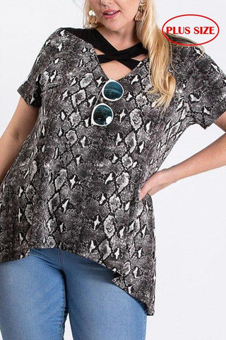 Plus Size Draped Hem Snakeskin Knit Top with Solid Cross Strap V Neckline