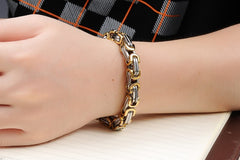 Mens Silver/Gold/Black Chunky Titanium Steel Byzantine Link Chain Bracelet