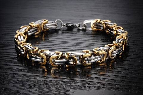 Mens Silver/Gold/Black Chunky Titanium Steel Byzantine Link Chain Bracelet