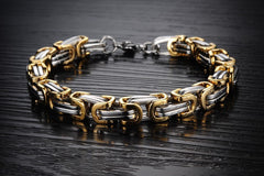 Mens Silver/Gold/Black Chunky Titanium Steel Byzantine Link Chain Bracelet