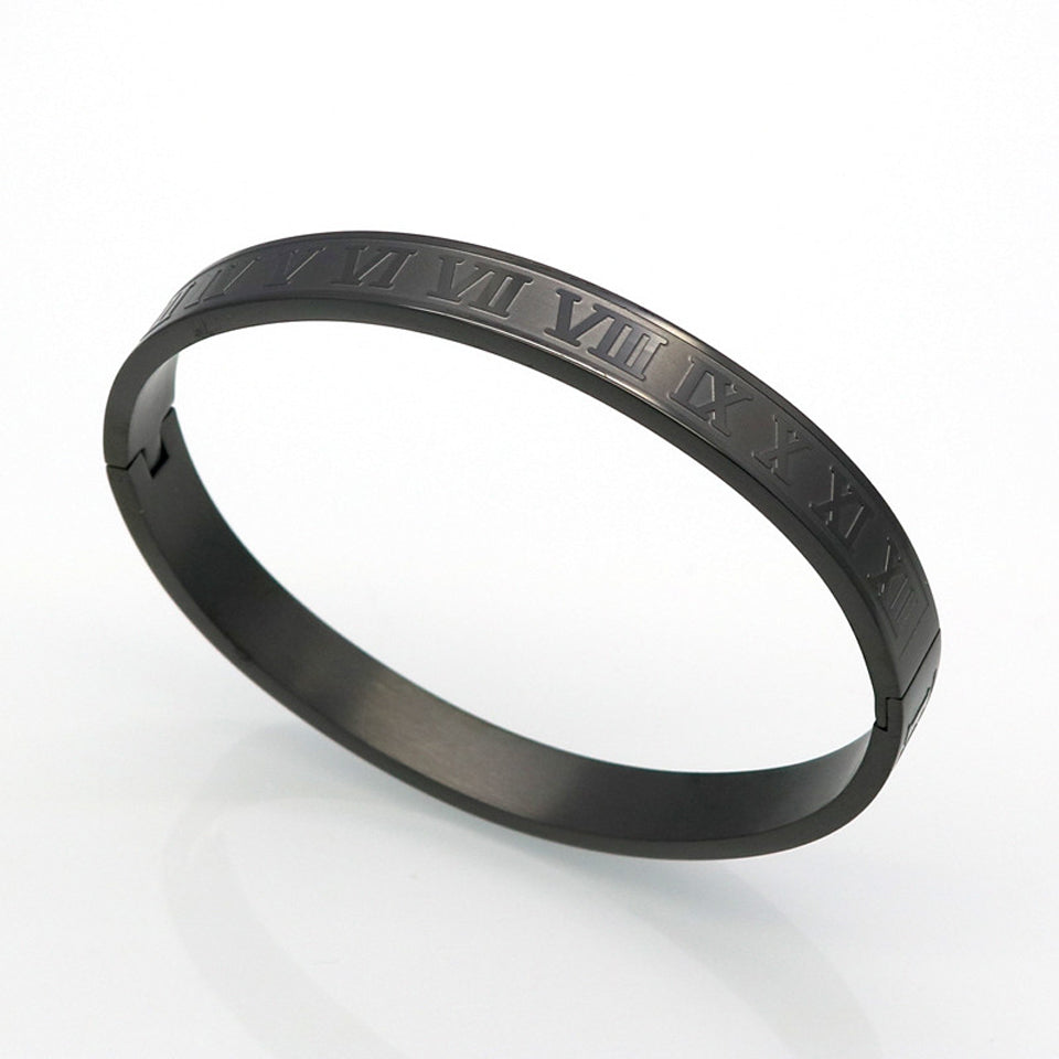 Stainless Steel Engraved Roman Numeral Cuff Bracelet Bangle