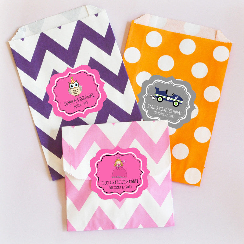 Personalized MOD Kid's Birthday Chevron & Dots Goodie Favor Treat Bags (set of 12)