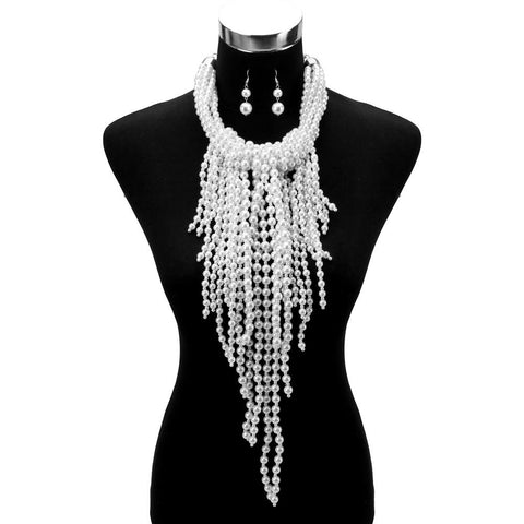 Large Chunky Beaded Waterfall Pearl Necklace Set