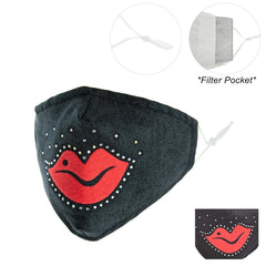 Lips & Rhinestone Fashion Mask W/ Filter Pocket & Adjustable Elastic Ear Strap