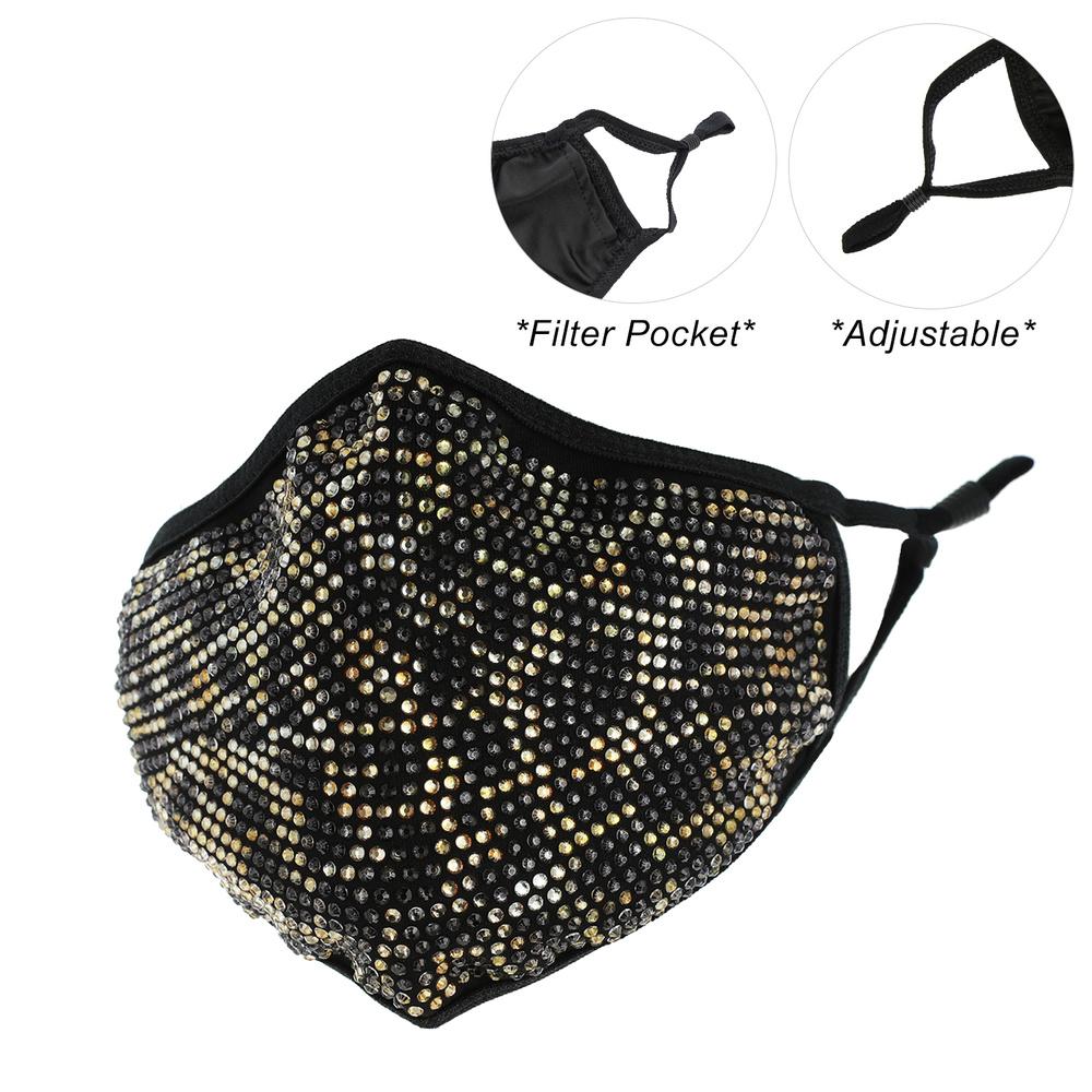 Leopard Rhinestone Bling Mask W/ Filter Pocket & Adjustable Elastic Ear Strap