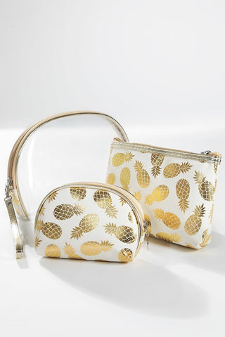 Clear and Metallic Pineapple Print Three Piece Pouch Set