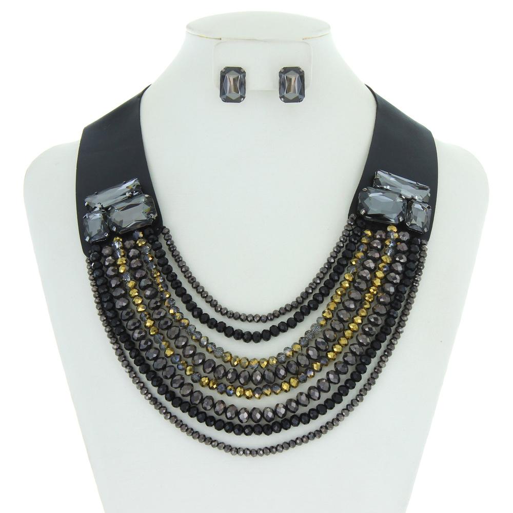 Leather w/ Multi-Layered Bead Necklace Set - Main Image