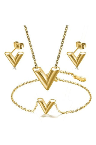 V Pendant Stainless Steel Necklace Set