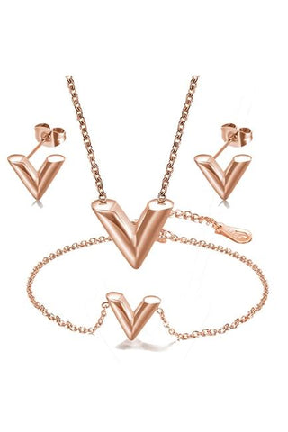 V Pendant Stainless Steel Necklace Set