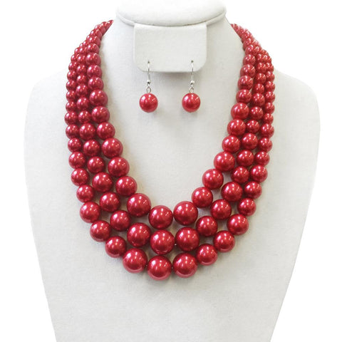 3 Layer Large Pearl Strands Necklace And Earrings Set
