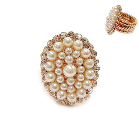 Oval Pearl And Rhinestone Stretch Ring