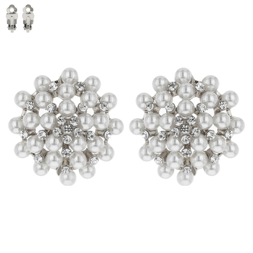 Pearl Stone Metal Clip Earrings White