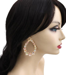 Gold Flower Drop Hoop Multi Color Earrings