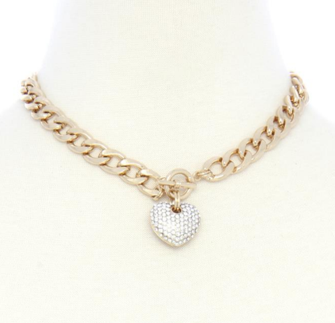 Link Chain with Heart Rhinestone Pendant